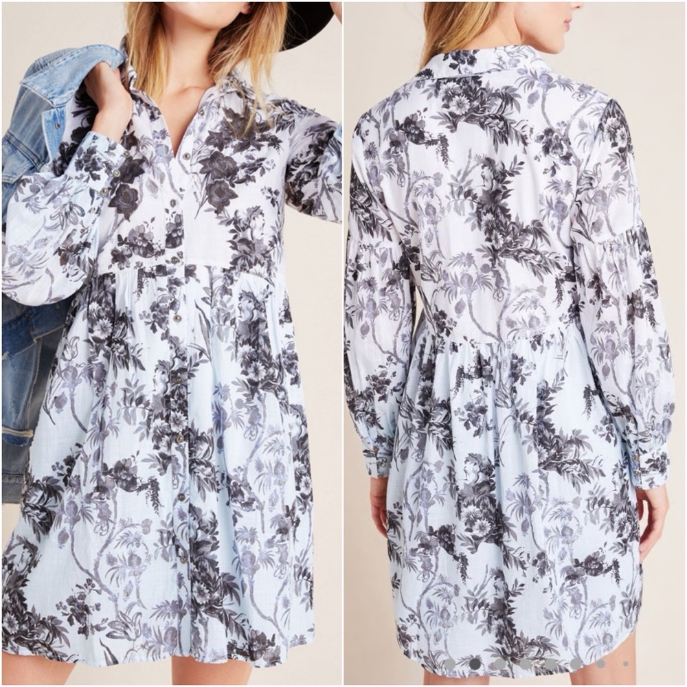 Anthropologie Lavinia Floral Embroidered Ombre Mini Shirt Dress 10P